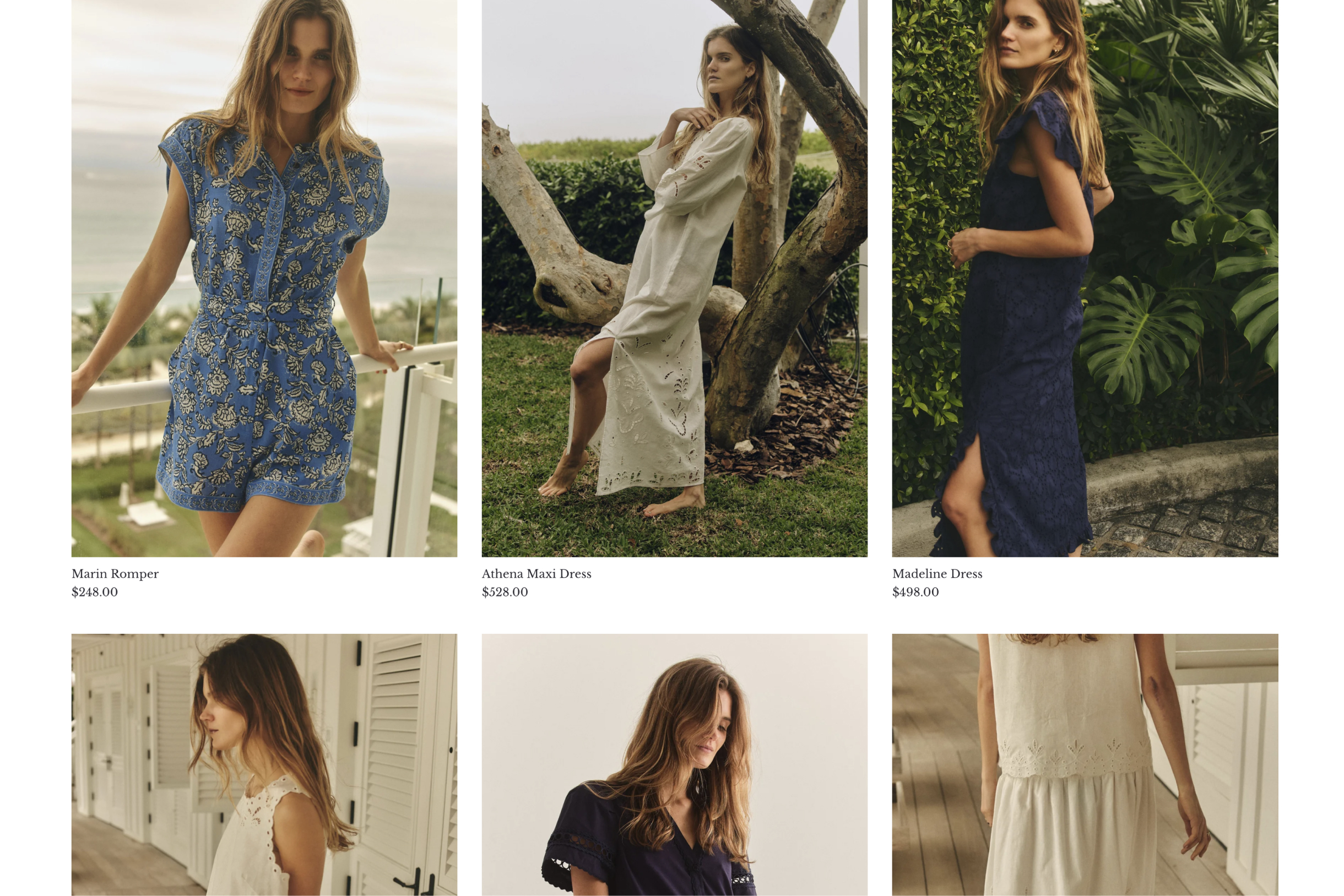 A collage of six photos shows women modeling dresses and a romper in neutral and blue tones, set in outdoor and indoor tropical locations. The outfits are named Maria Romper, Athena Maxi Dress, and Madeline Dress.